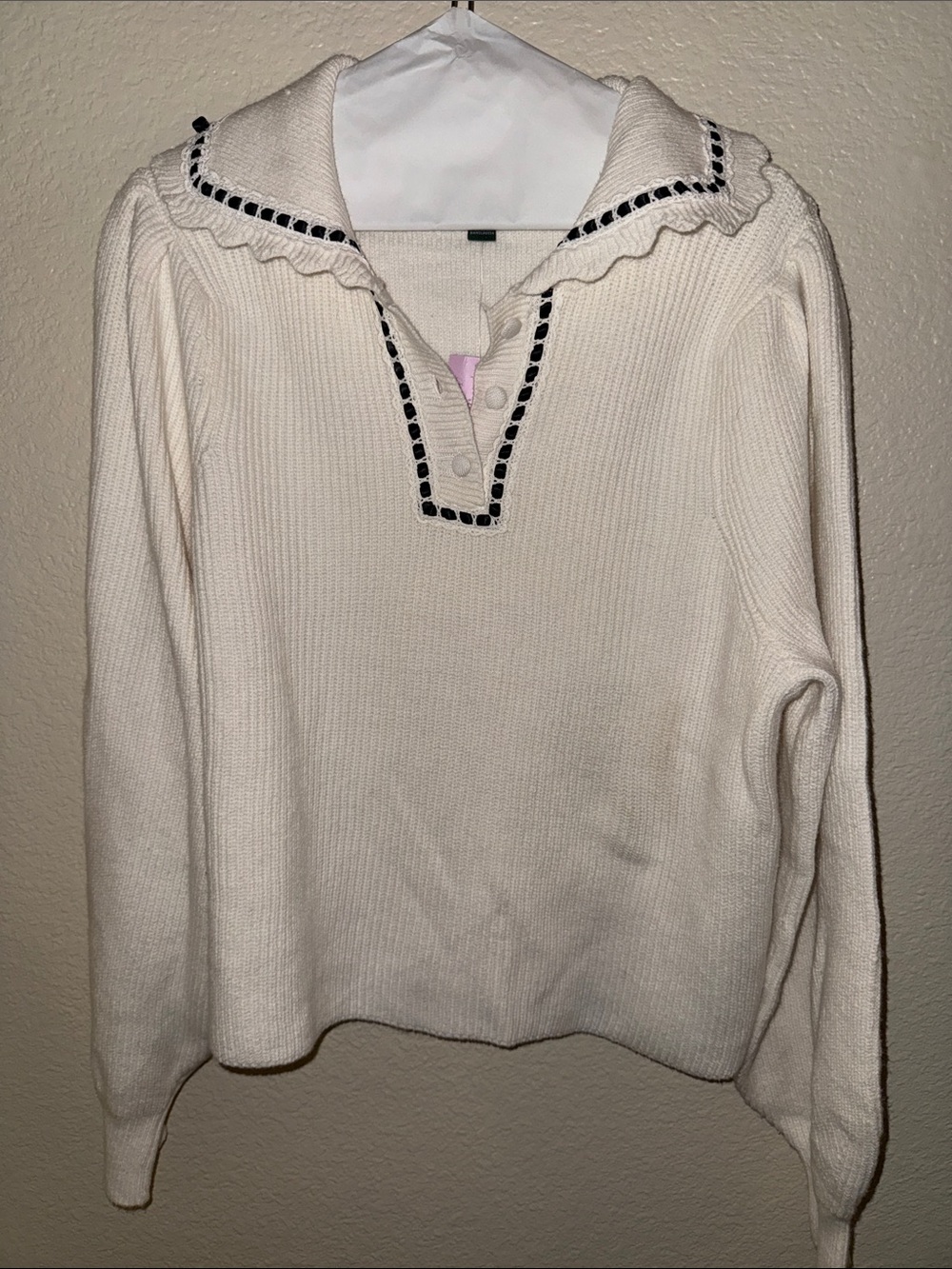 wild fable Cream Knit Scoop Collar Sweater with Black Trim